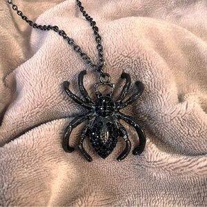 SPENCERS Chunky Black Spider Pendent Necklace with Black Crystals